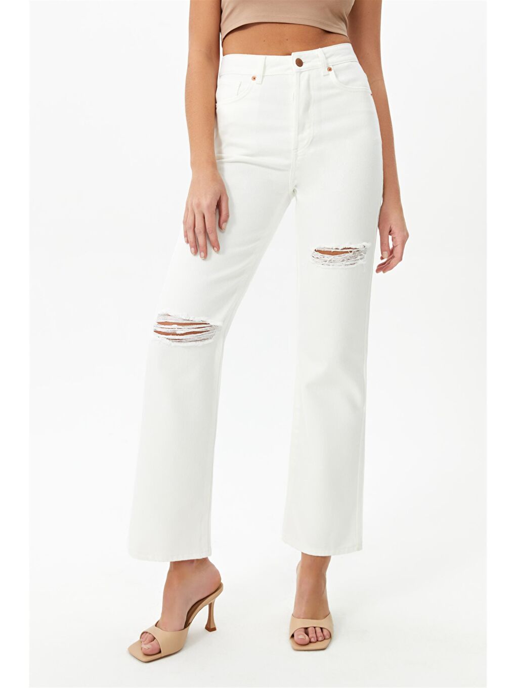 Ekru Yırtık Detaylı Wide Leg Yüksel Ben Jeans-3