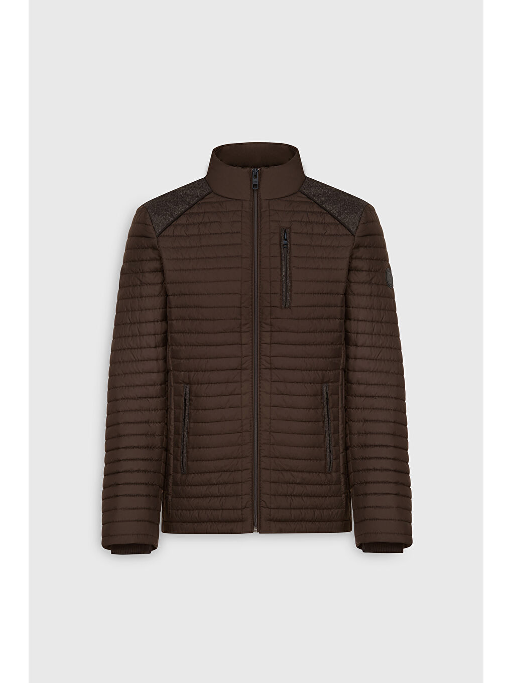 Erkek Kahverengi Standart Fit Normal Kesim Kapitone Desenli Dik Yaka Fermuarlı Yan Cep Şişme Mont-5