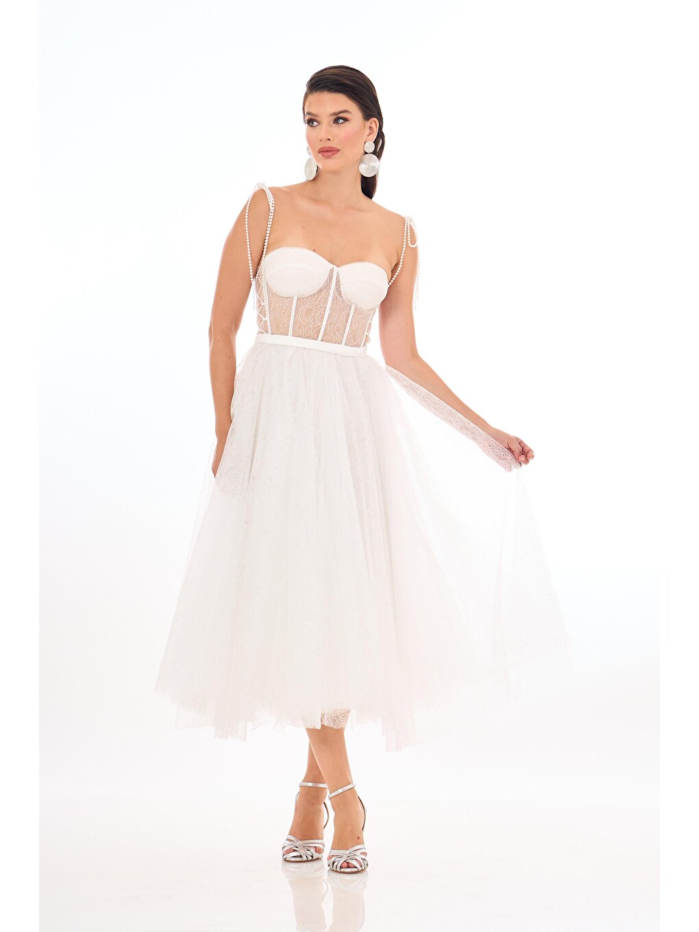 Beyaz Midi Dantelli Nikah Elbisesi-1