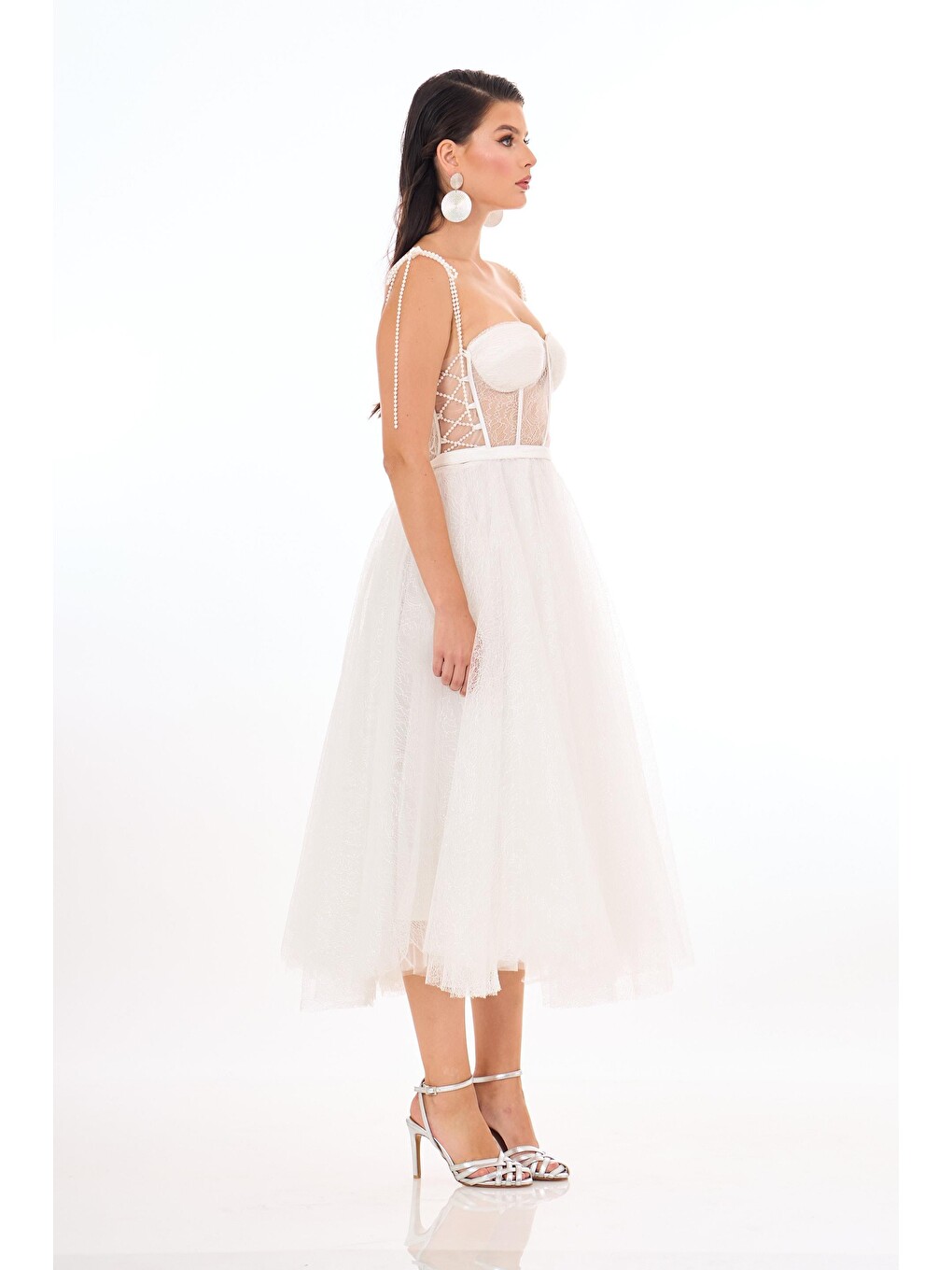 Beyaz Midi Dantelli Nikah Elbisesi-3