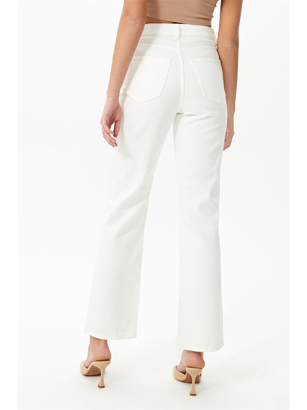 Ekru Yırtık Detaylı Wide Leg Yüksel Ben Jeans-4