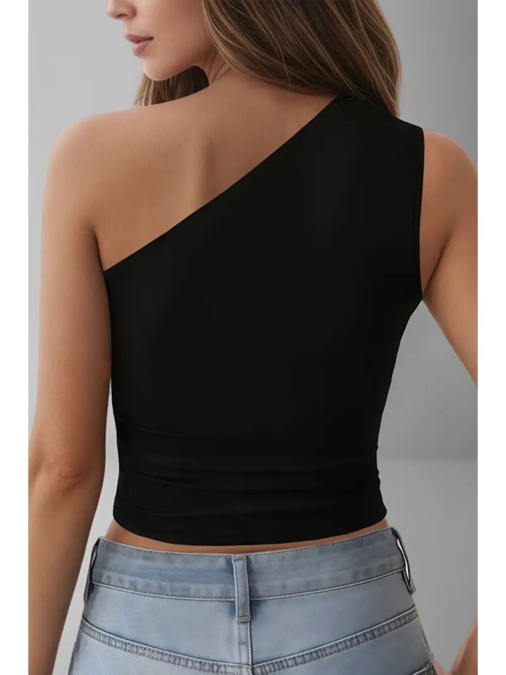 Kadın Siyah Tek Omuzlu Basic Dar Kesim Slim Fit Bluz-3