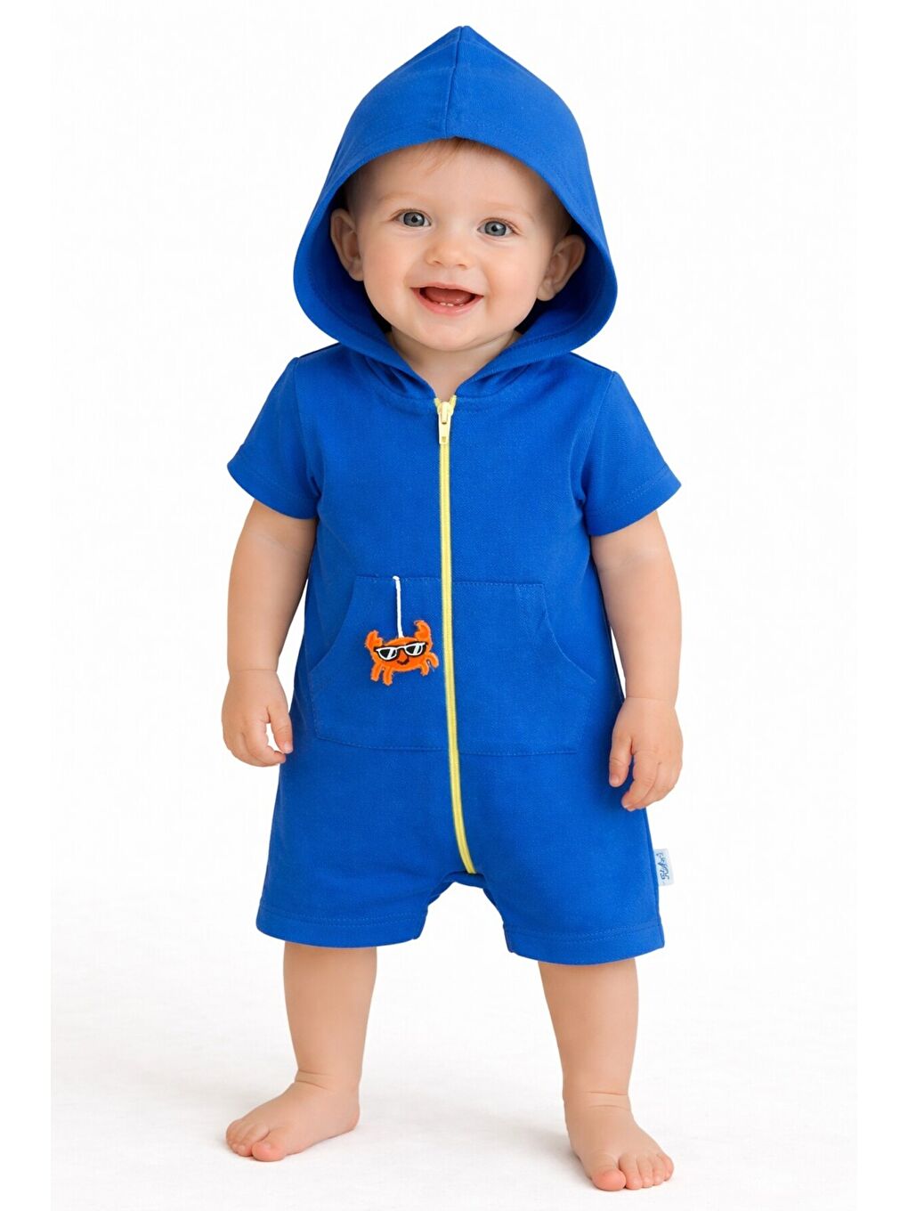 İndigo Unisex Bebek Yazlık Kapüşonlu Tulum Pamuklu Fermuarlı Tulum