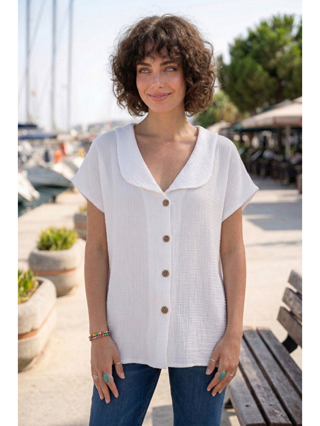 Beyaz Bebe Yaka Düşük Kol Düğmeli Casual Müslin Oversize Dokuma Bluz 70 65