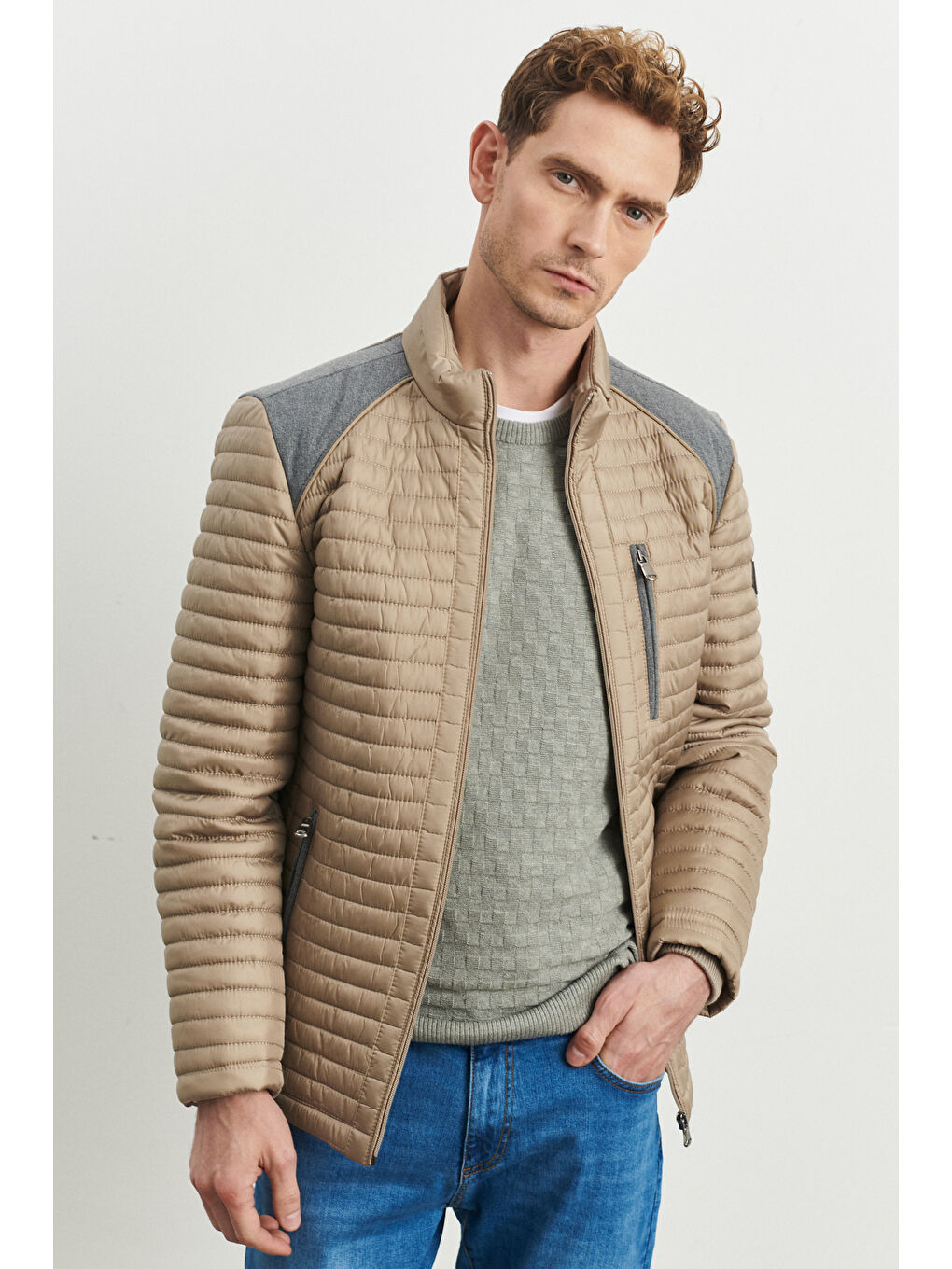 Erkek Bej Standart Fit Normal Kesim Soğuk Hava Geçirmez Desenli Şişme Mont-2