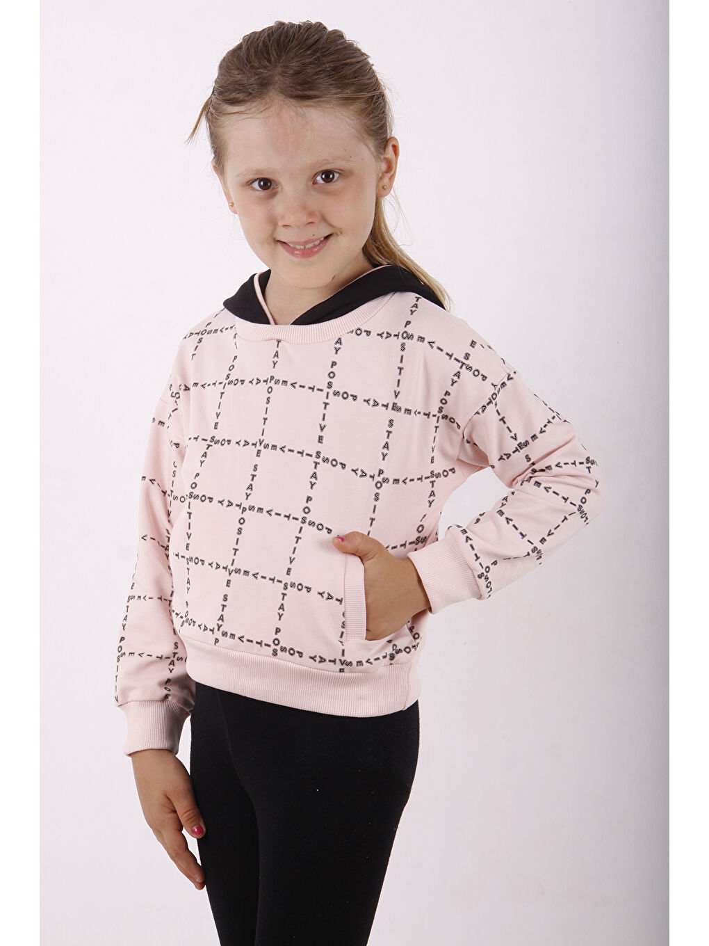 Pembe Kız Çocuk Positive Baskılı Crop Sweatshirt