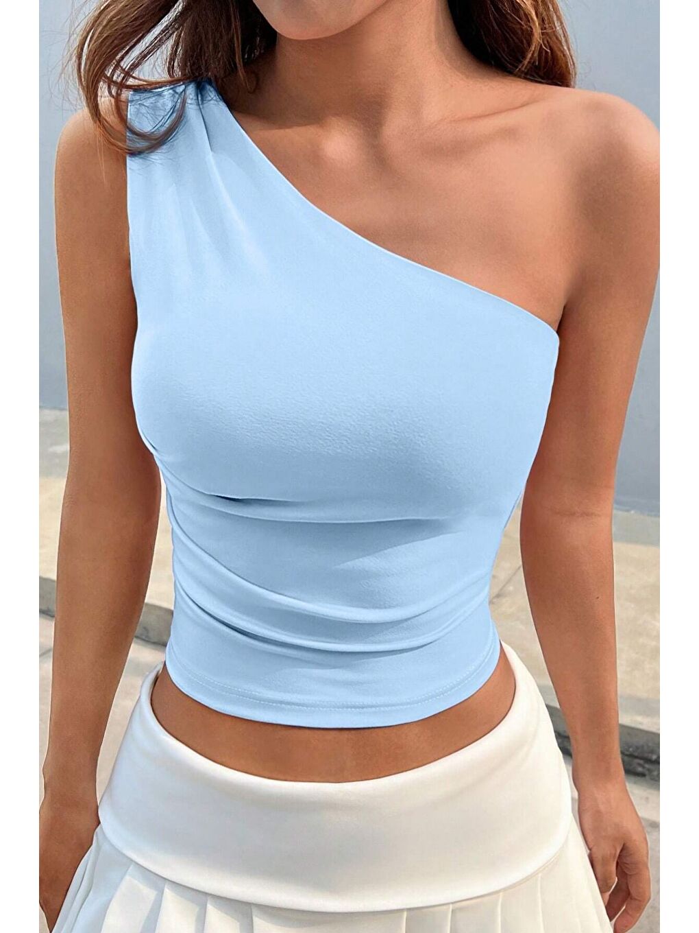 Kadın Bebe Mavi Tek Omuzlu Basic Dar Kesim Slim Fit Bluz-4