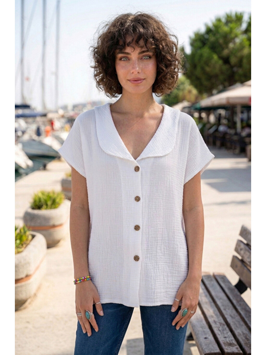 Beyaz Bebe Yaka Düşük Kol Düğmeli Casual Müslin Oversize Dokuma Bluz 70 65-1