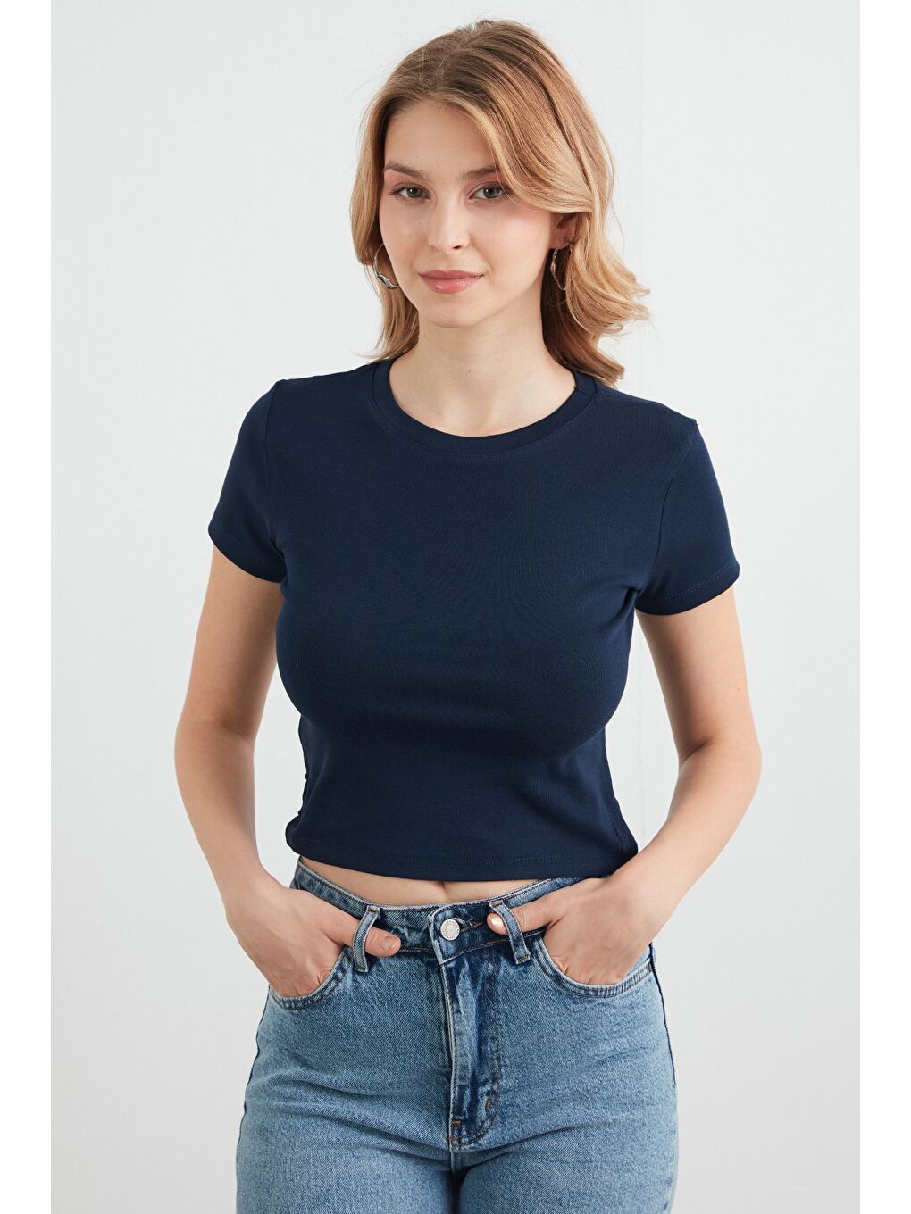 Lacivert Basic Yanları Stoperli Crop Tişört