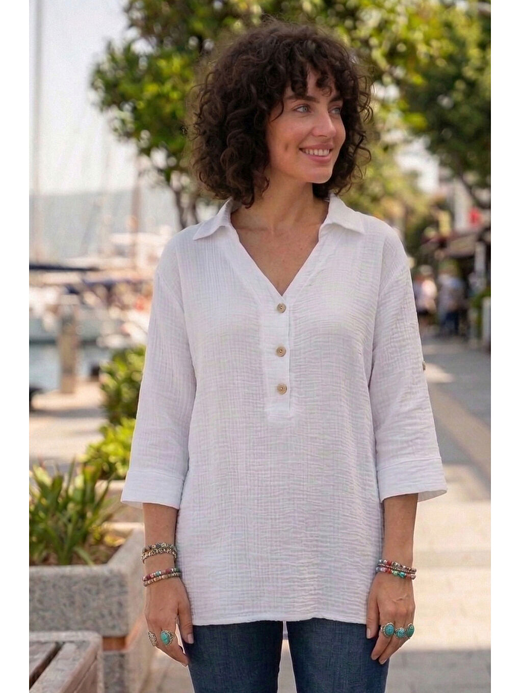 Beyaz Gömlek Yaka Düğmeli 3/4 Kol Yanları Düğmeli Casual Müslin Dokuma Bluz 67 67