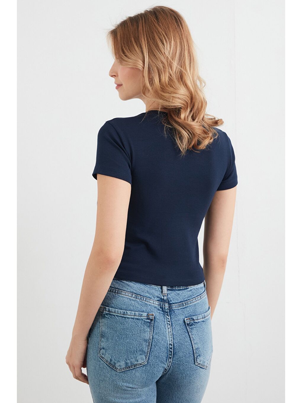 Lacivert Basic Yanları Stoperli Crop Tişört-1