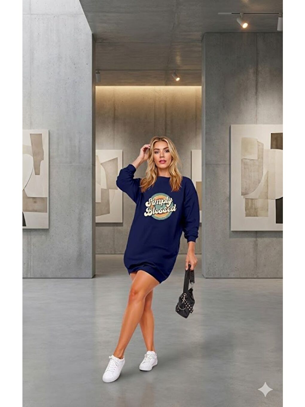 Lacivert Kadın Uzun Kollu Bisiklet Yaka Yazılı Viskon Iki Iplik Elbise