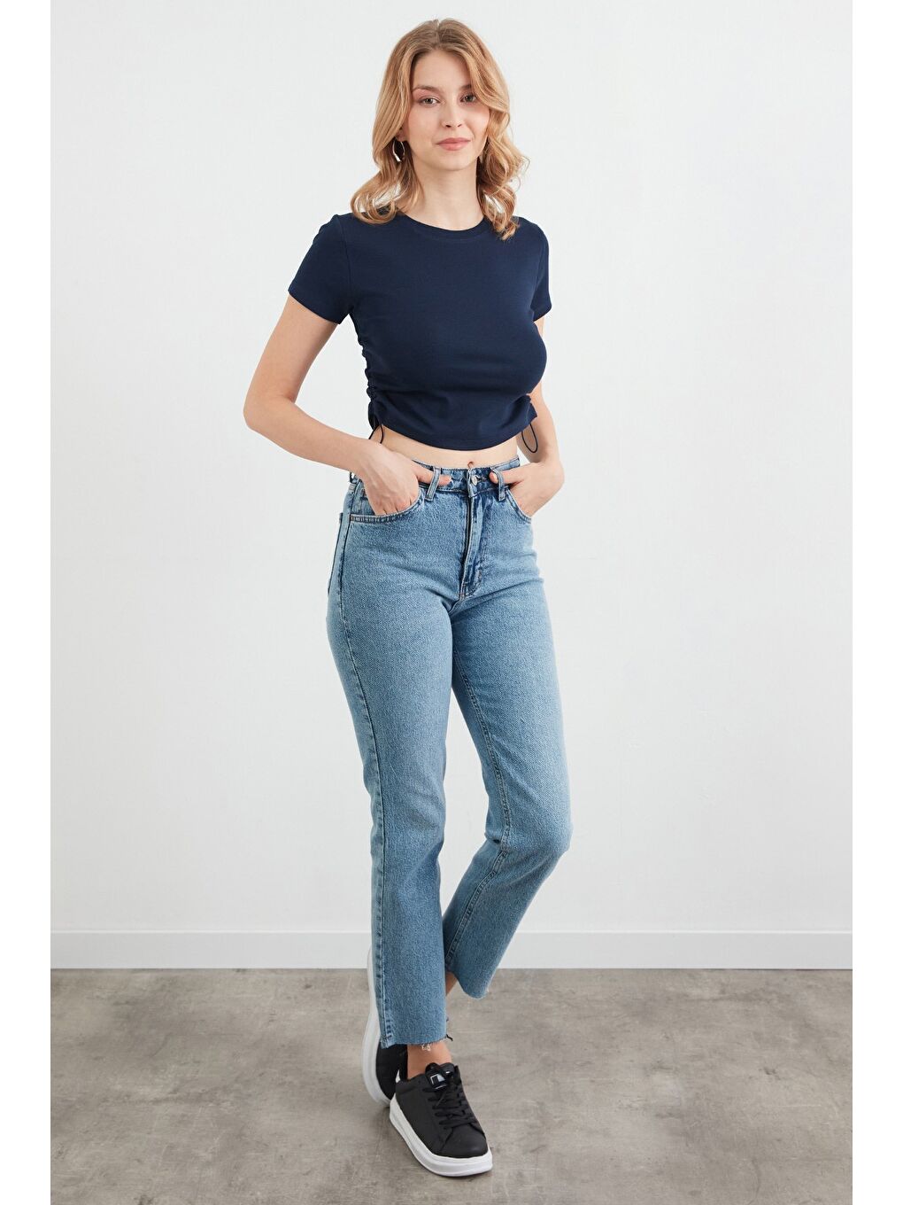 Lacivert Basic Yanları Stoperli Crop Tişört-2