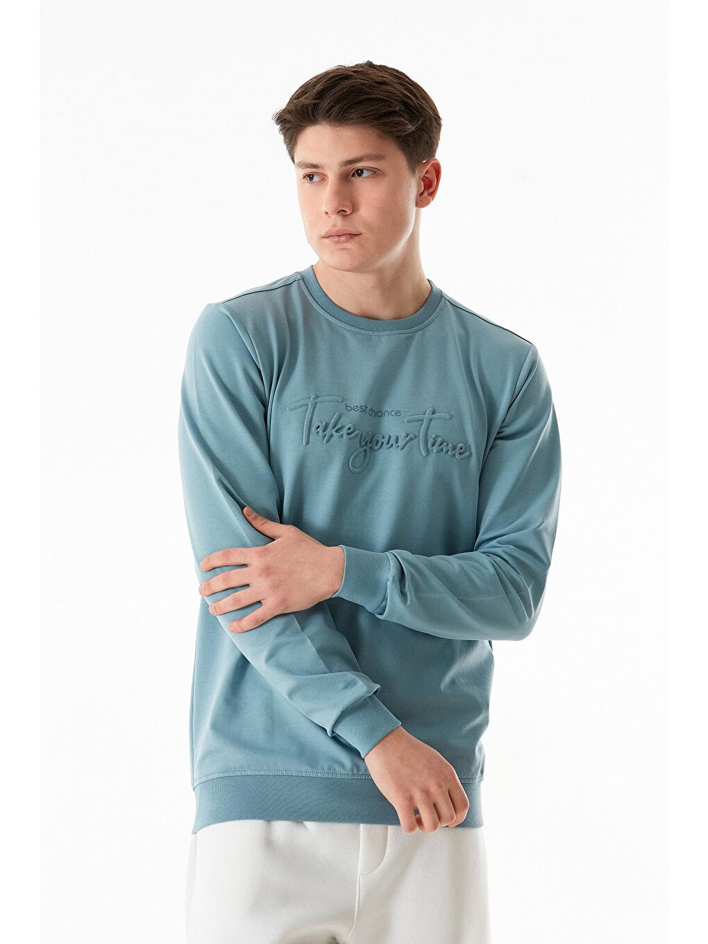 Mavi Yazı Kabartmalı Bisiklet Yaka Sweatshirt