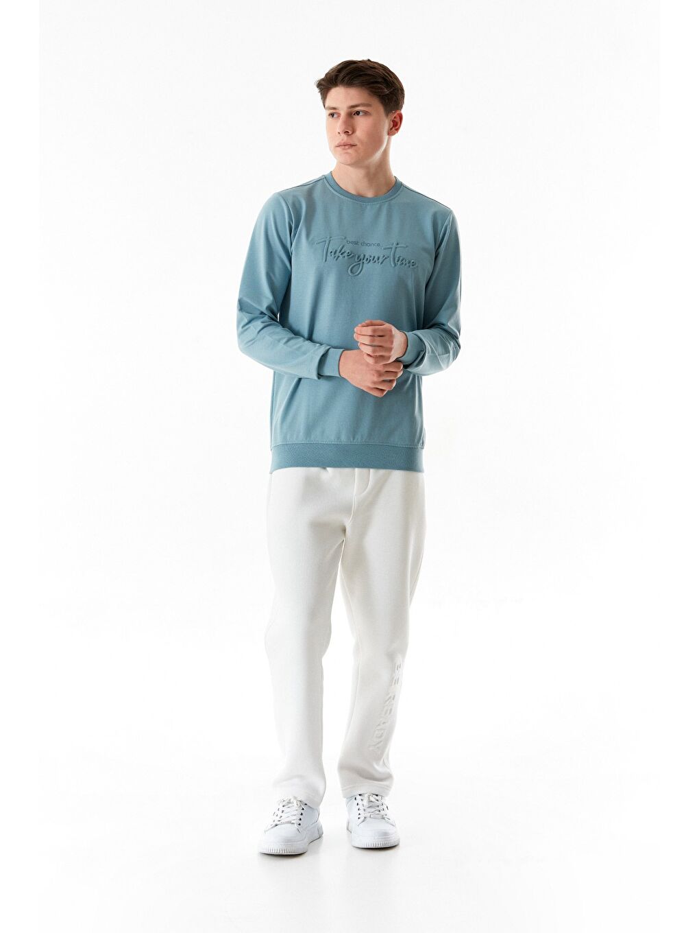 Mavi Yazı Kabartmalı Bisiklet Yaka Sweatshirt-1