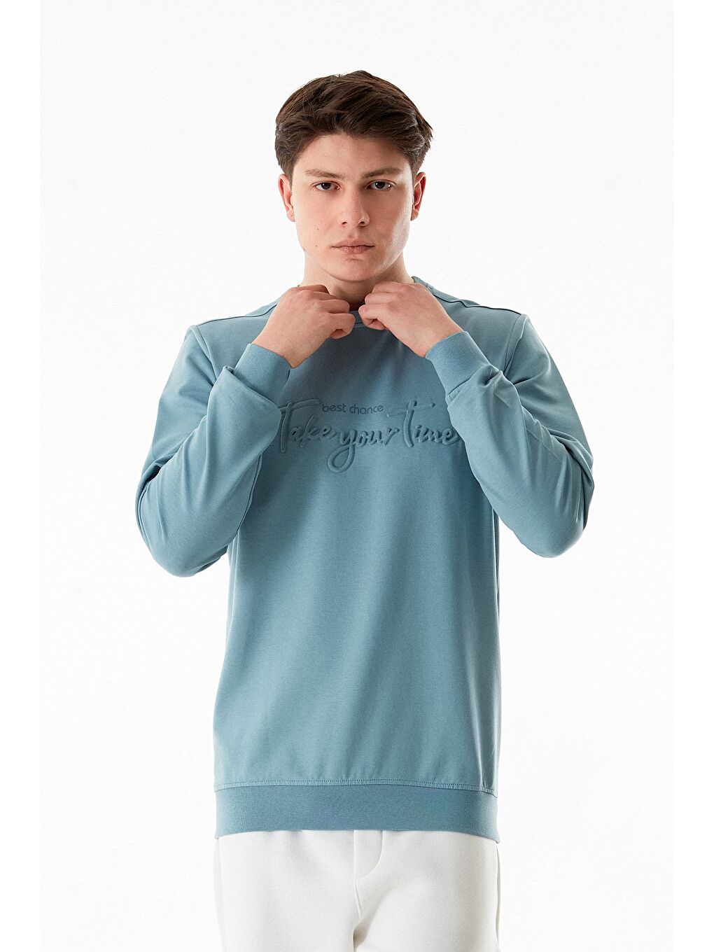 Mavi Yazı Kabartmalı Bisiklet Yaka Sweatshirt-2