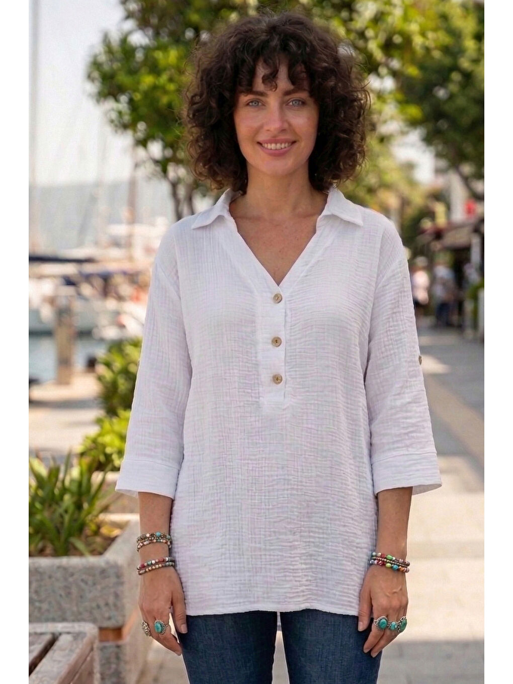 Beyaz Gömlek Yaka Düğmeli 3/4 Kol Yanları Düğmeli Casual Müslin Dokuma Bluz 67 67-1