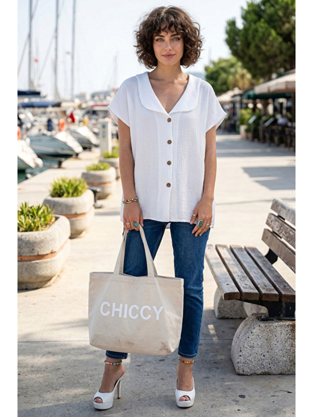 Beyaz Bebe Yaka Düşük Kol Düğmeli Casual Müslin Oversize Dokuma Bluz 70 65-3