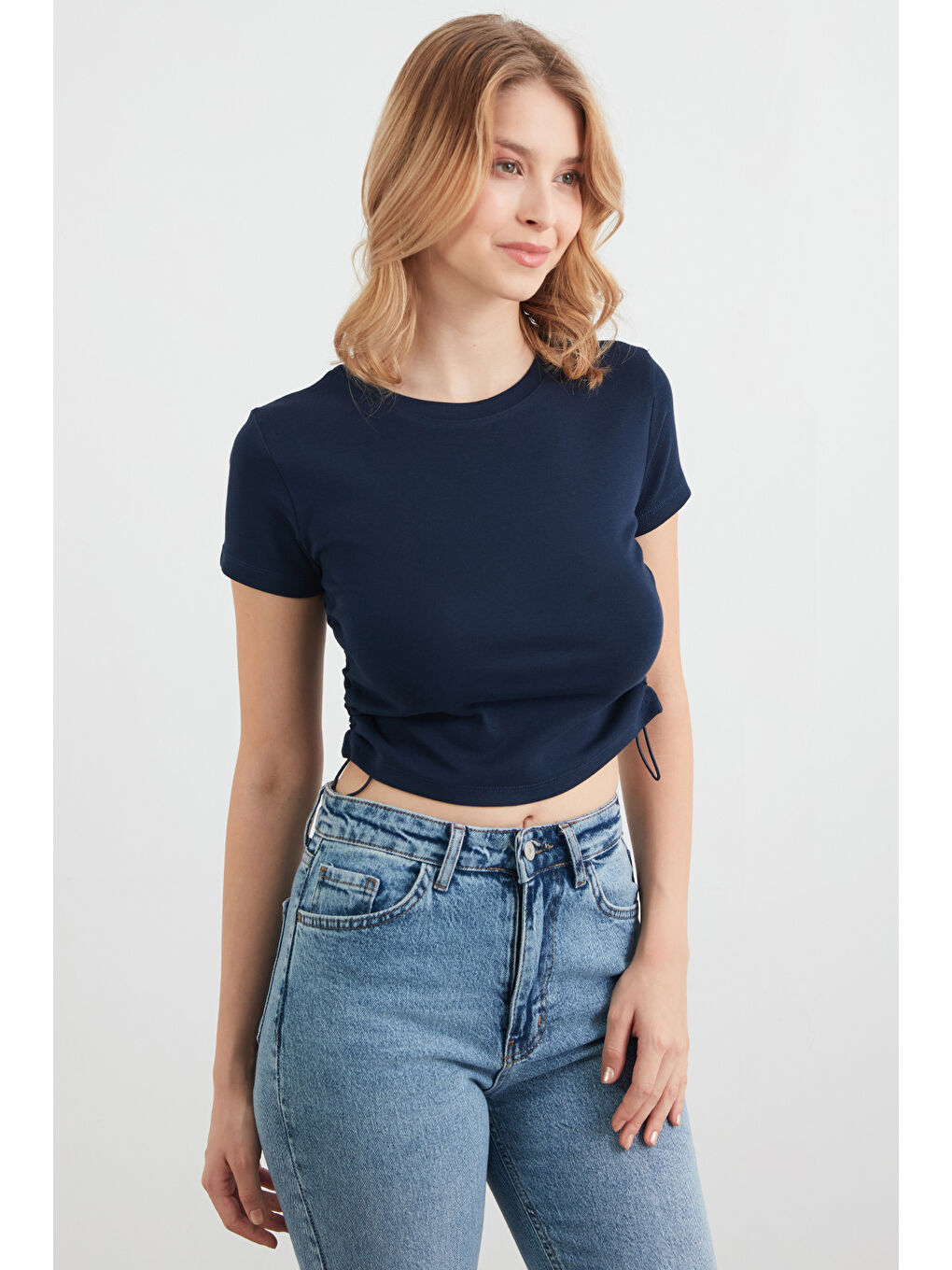 Lacivert Basic Yanları Stoperli Crop Tişört-3