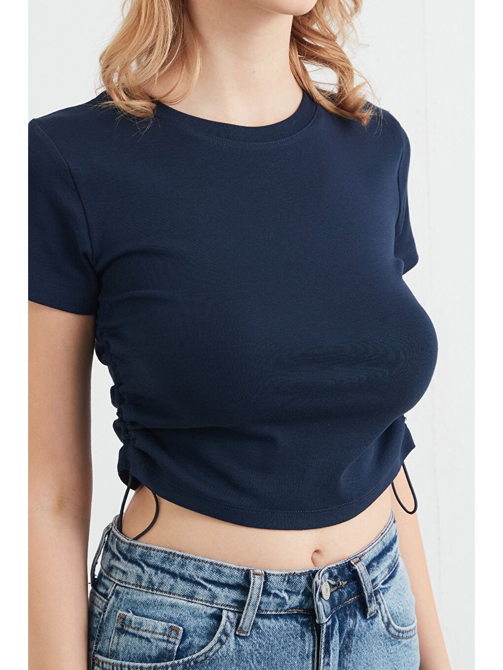 Lacivert Basic Yanları Stoperli Crop Tişört-4