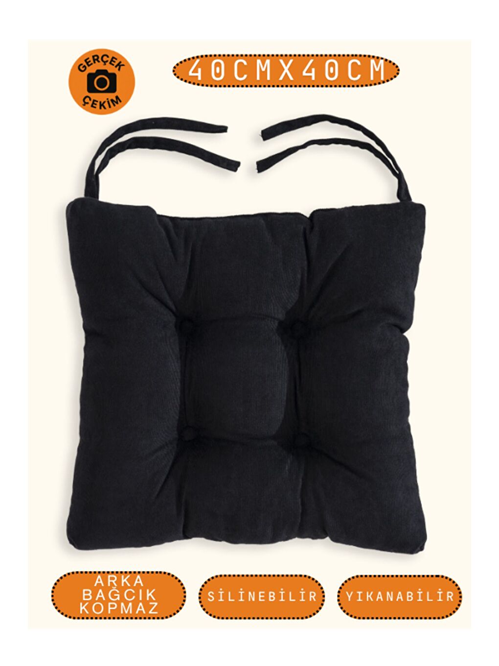 Pastello Sandalye Minderi –Siyah – Kadife Dokulu, Bağcıklı, Yıkanabilir – 40x40