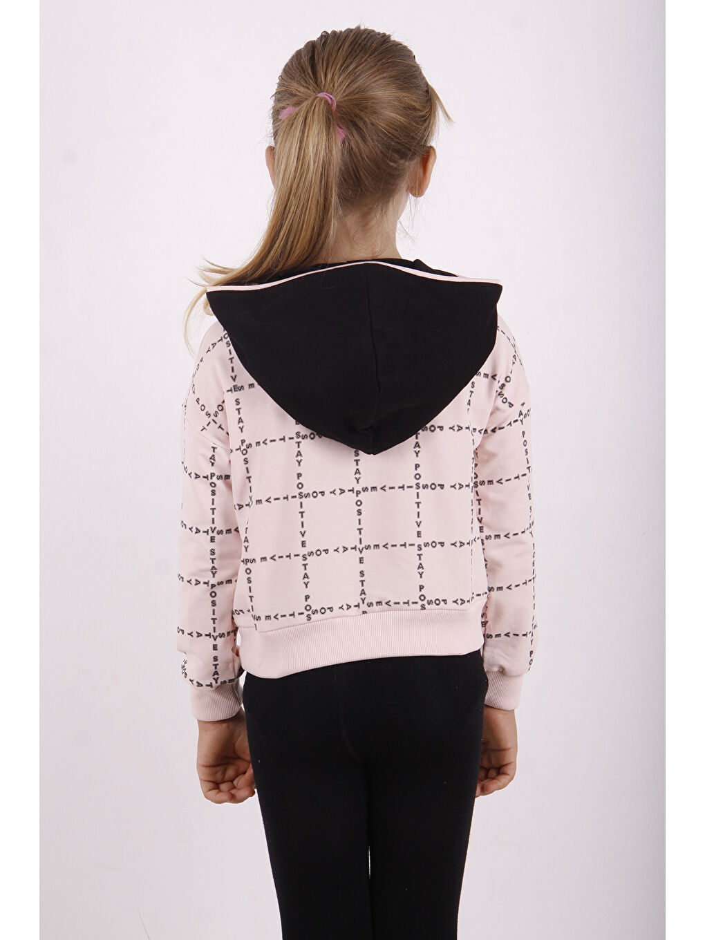 Pembe Kız Çocuk Positive Baskılı Crop Sweatshirt-1