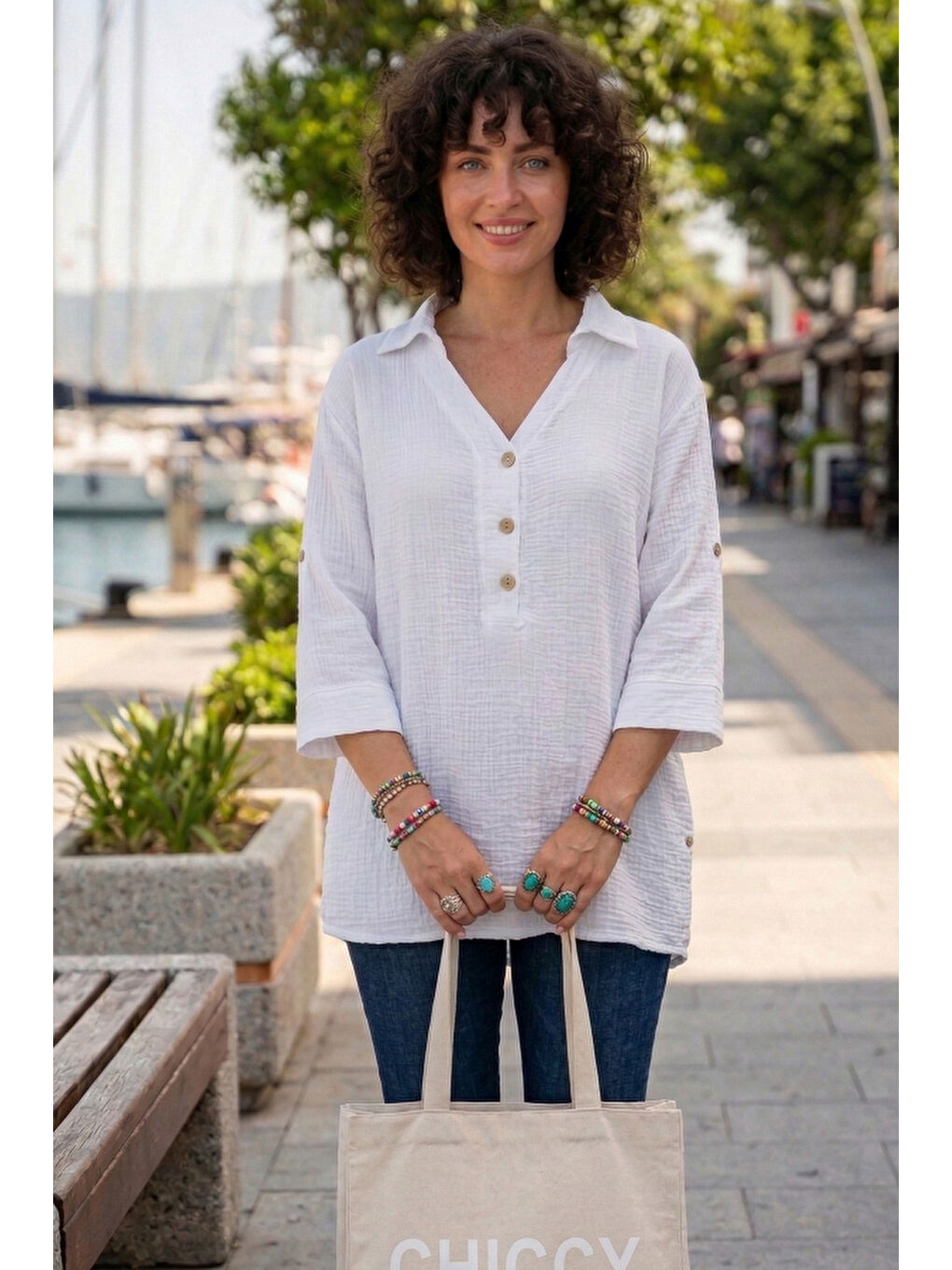 Beyaz Gömlek Yaka Düğmeli 3/4 Kol Yanları Düğmeli Casual Müslin Dokuma Bluz 67 67-2