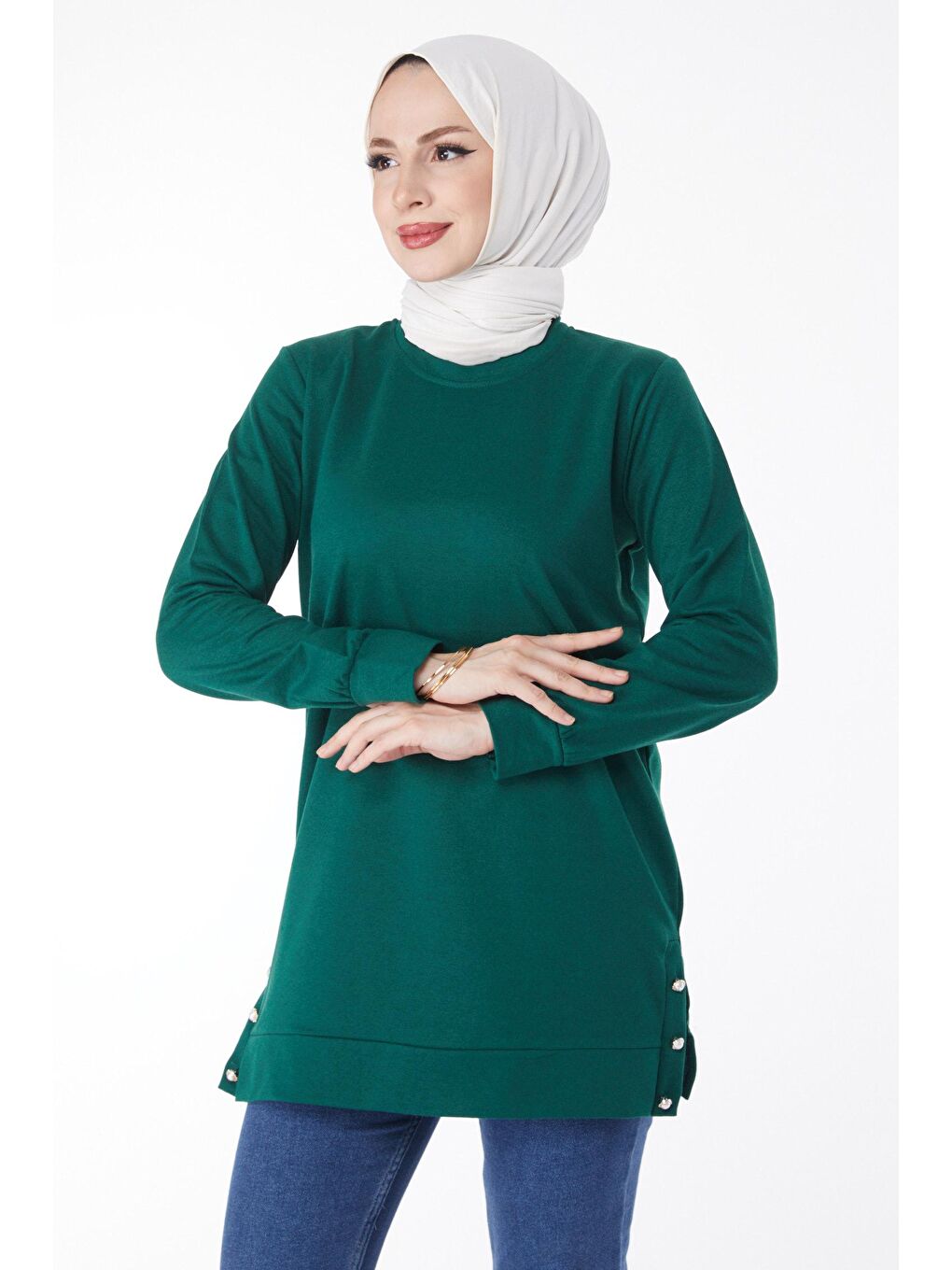 Bisiklet Yaka Kadın Yeşil Yanları Düğme Detaylı Sweatshirt - 24757-1