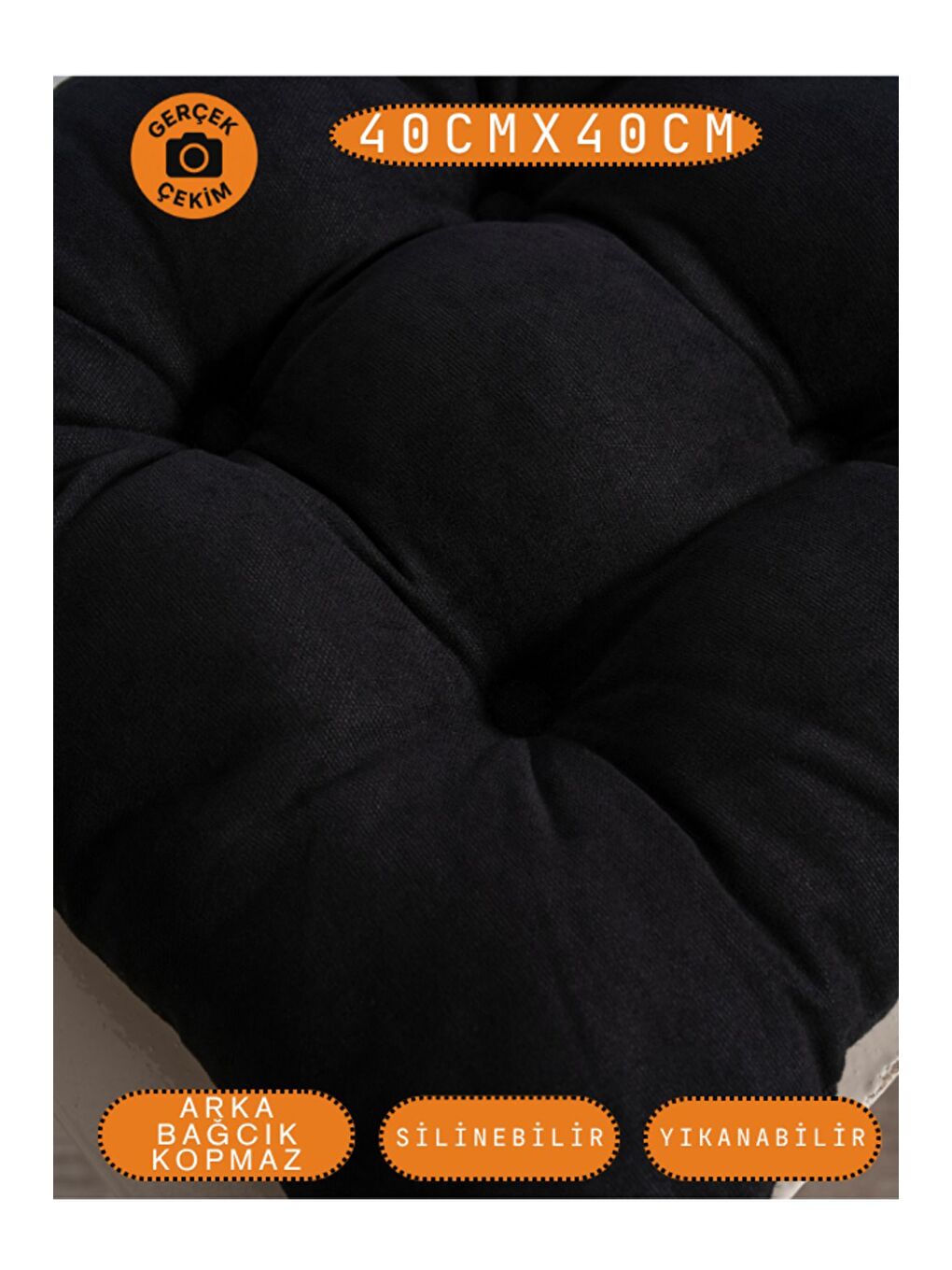 Pastello Sandalye Minderi –Siyah – Kadife Dokulu, Bağcıklı, Yıkanabilir – 40x40-1