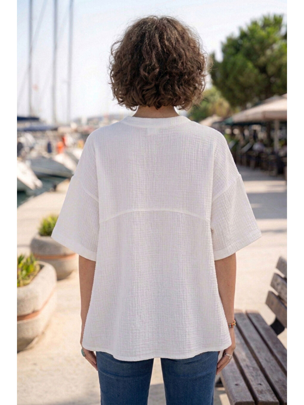 Beyaz Bebe Yaka Düşük Kol Düğmeli Casual Müslin Oversize Dokuma Bluz 70 65-4