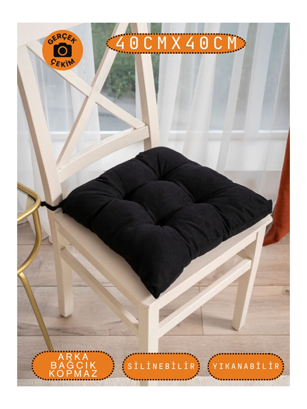 Pastello Sandalye Minderi –Siyah – Kadife Dokulu, Bağcıklı, Yıkanabilir – 40x40-2