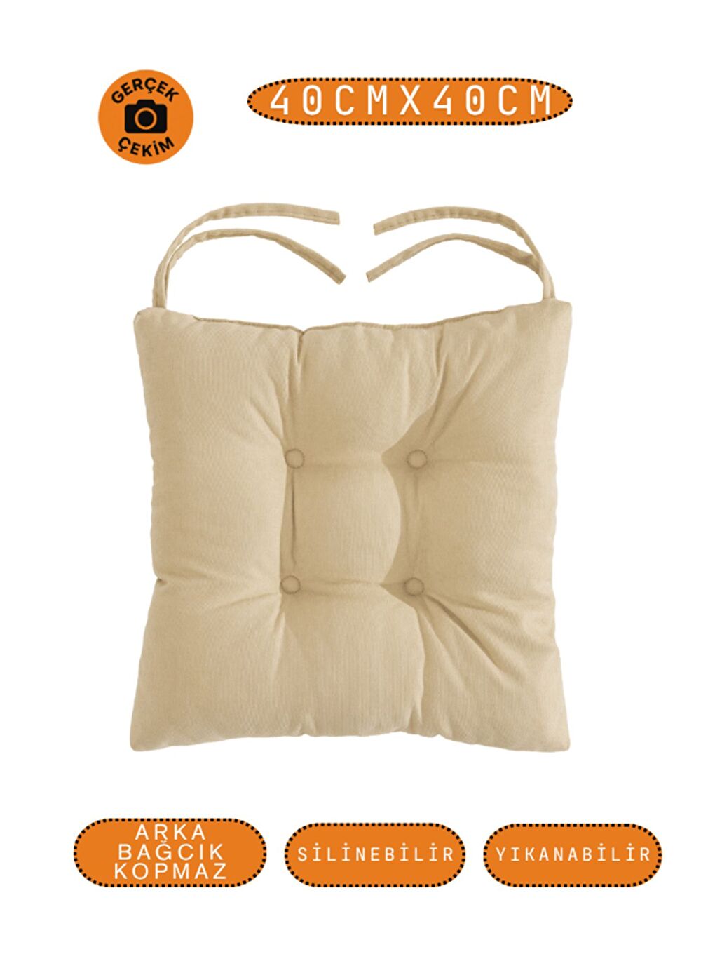 Bej Pastello Sandalye Minderi –bej – Kadife Dokulu, Bağcıklı, Yıkanabilir – 40x40