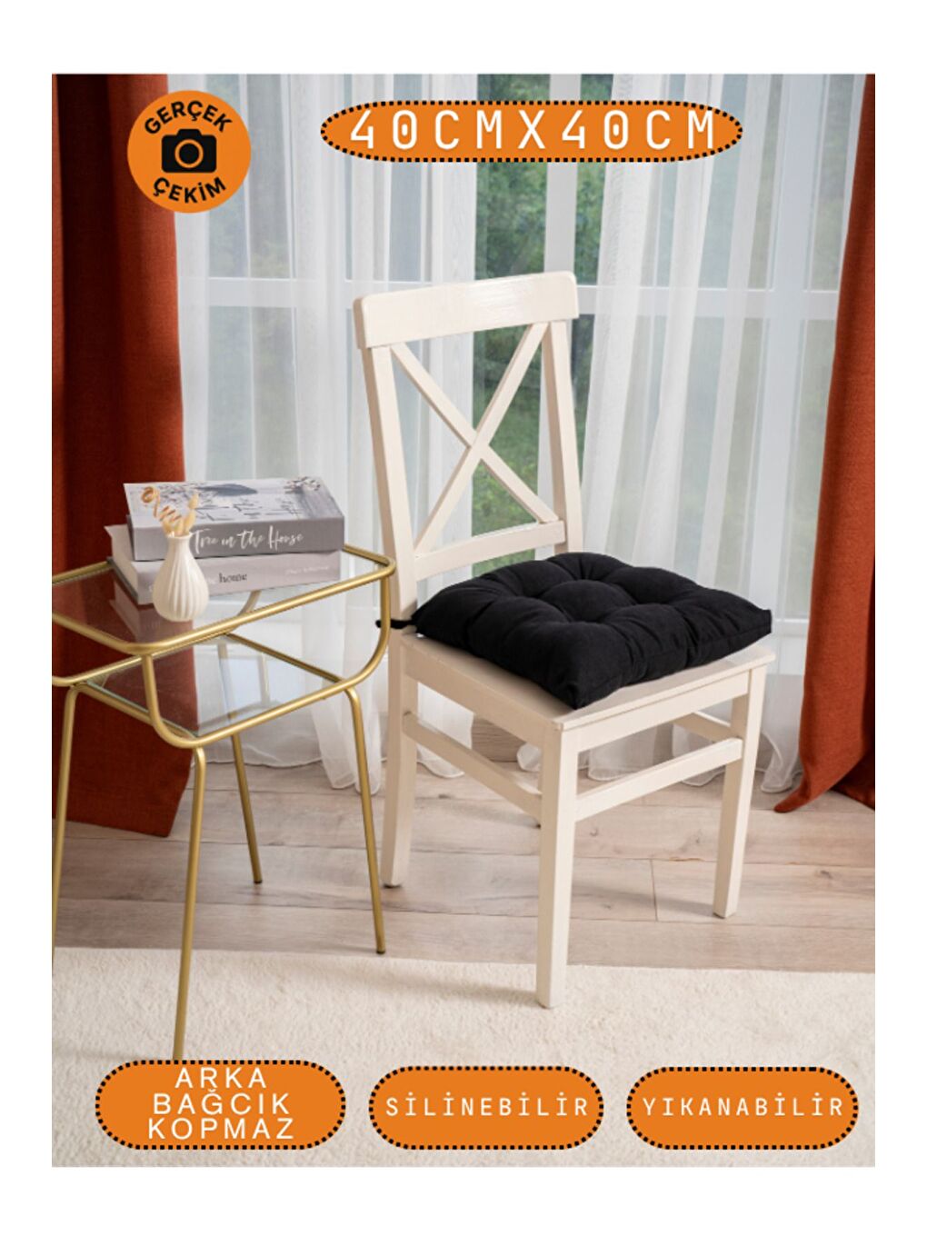 Pastello Sandalye Minderi –Siyah – Kadife Dokulu, Bağcıklı, Yıkanabilir – 40x40-4