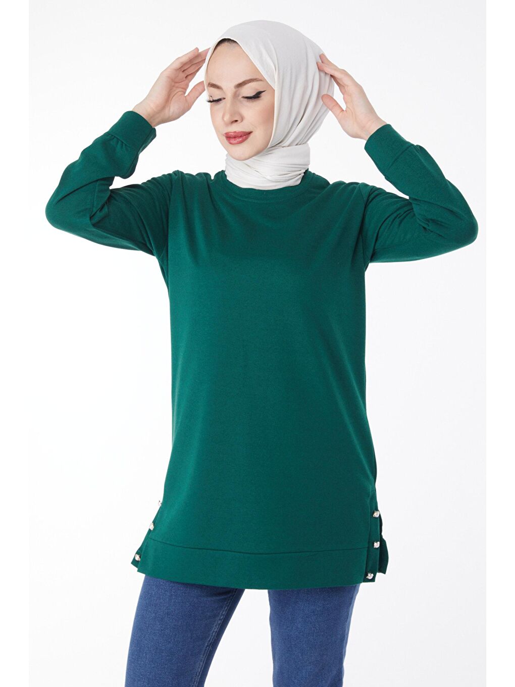 Bisiklet Yaka Kadın Yeşil Yanları Düğme Detaylı Sweatshirt - 24757-2
