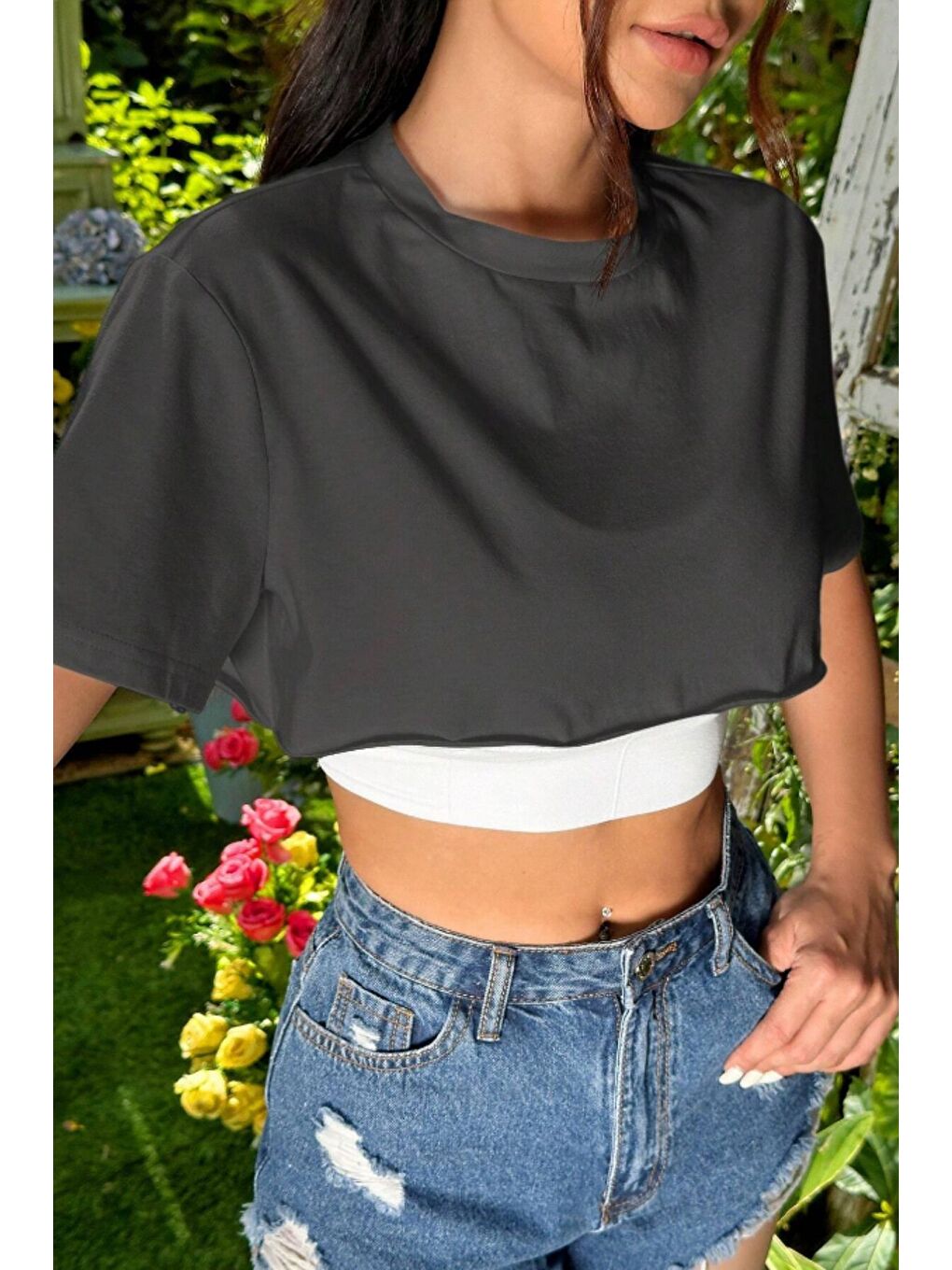 Kadın Antrasit Bisiklet Yaka Oversize Crop T-Shirt-1