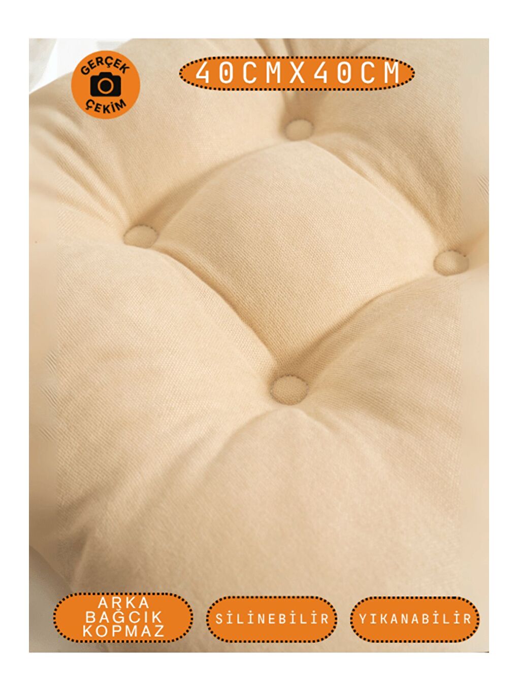 Bej Pastello Sandalye Minderi –bej – Kadife Dokulu, Bağcıklı, Yıkanabilir – 40x40-1