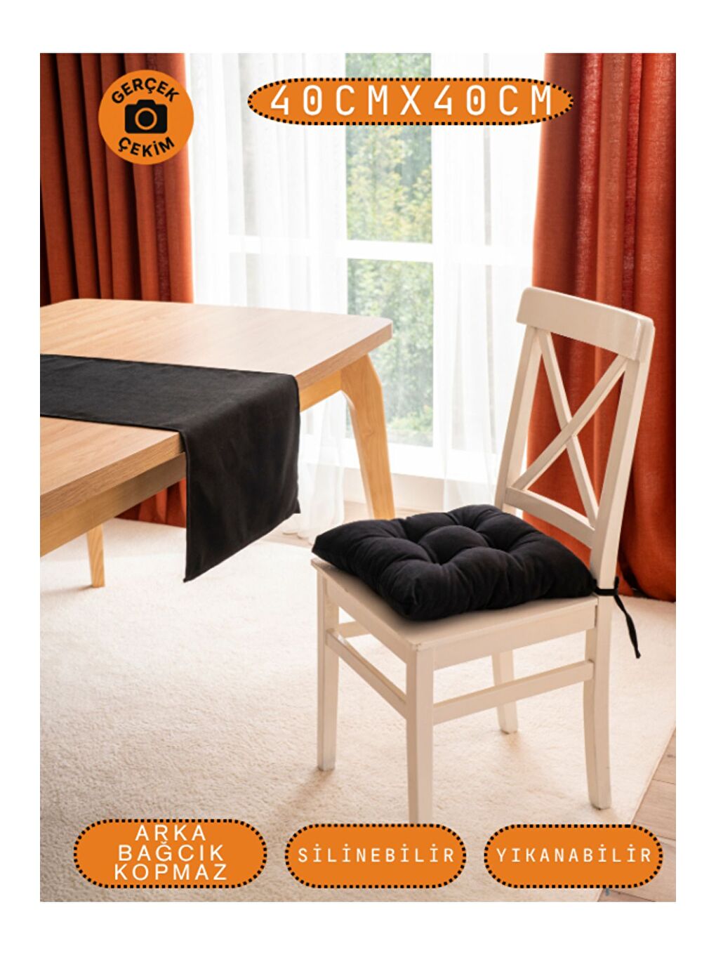 Pastello Sandalye Minderi –Siyah – Kadife Dokulu, Bağcıklı, Yıkanabilir – 40x40-5