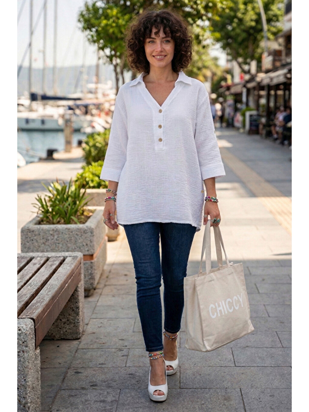 Beyaz Gömlek Yaka Düğmeli 3/4 Kol Yanları Düğmeli Casual Müslin Dokuma Bluz 67 67-3