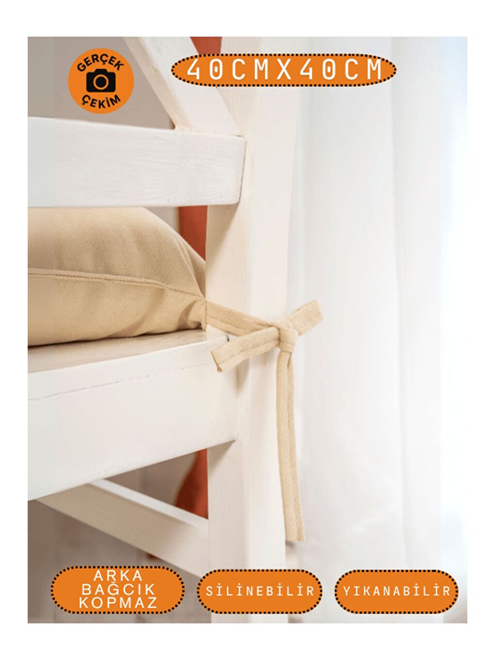 Bej Pastello Sandalye Minderi –bej – Kadife Dokulu, Bağcıklı, Yıkanabilir – 40x40-2