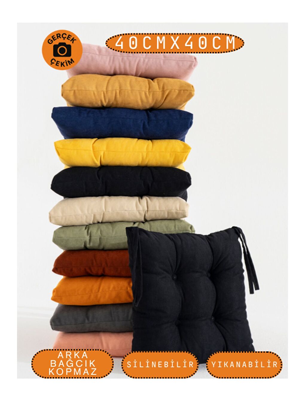 Pastello Sandalye Minderi –Siyah – Kadife Dokulu, Bağcıklı, Yıkanabilir – 40x40-6