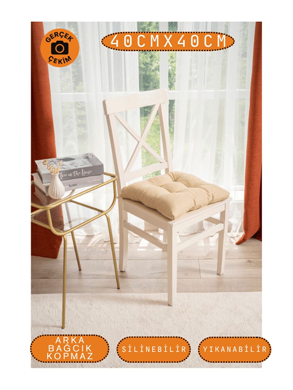 Bej Pastello Sandalye Minderi –bej – Kadife Dokulu, Bağcıklı, Yıkanabilir – 40x40-3