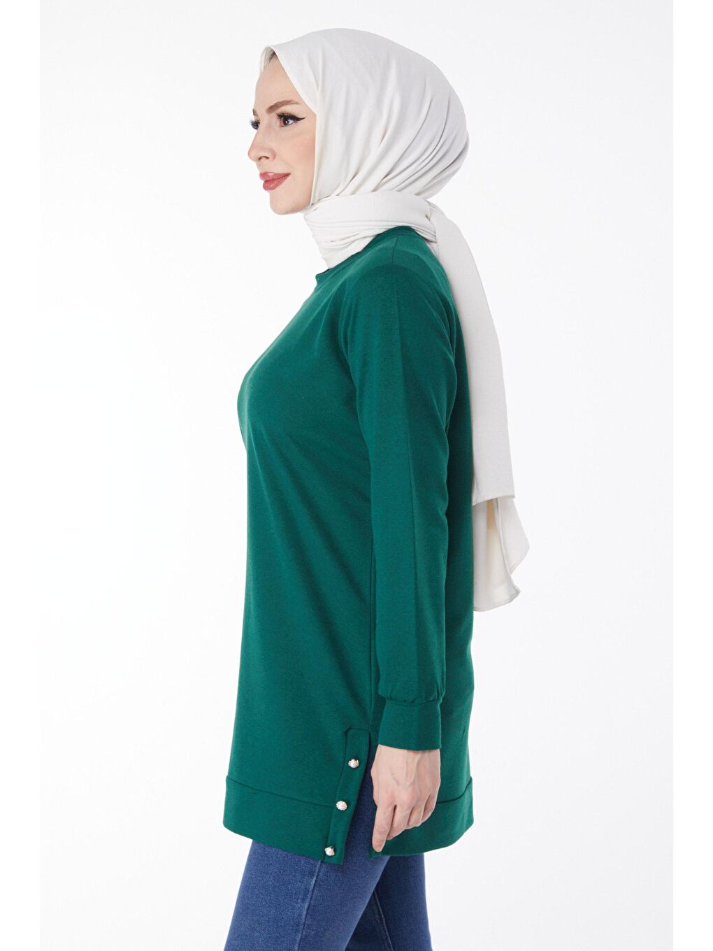 Bisiklet Yaka Kadın Yeşil Yanları Düğme Detaylı Sweatshirt - 24757-3