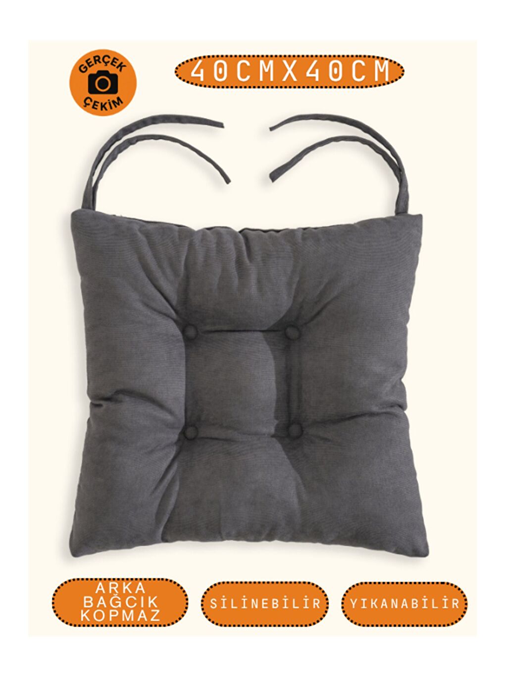 Pastello Sandalye Minderi –Gri – Kadife Dokulu, Bağcıklı, Yıkanabilir – 40x40