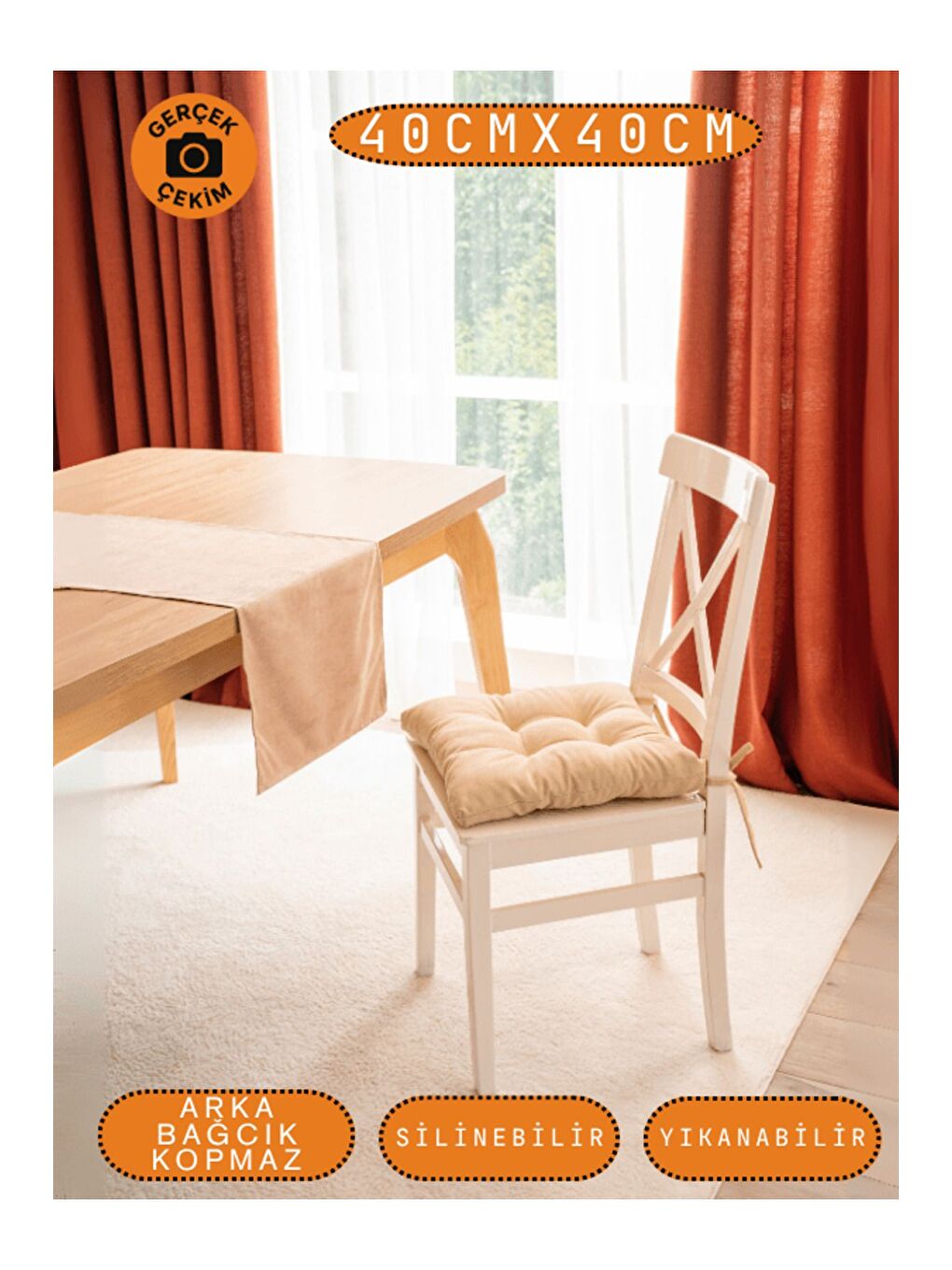 Bej Pastello Sandalye Minderi –bej – Kadife Dokulu, Bağcıklı, Yıkanabilir – 40x40-5