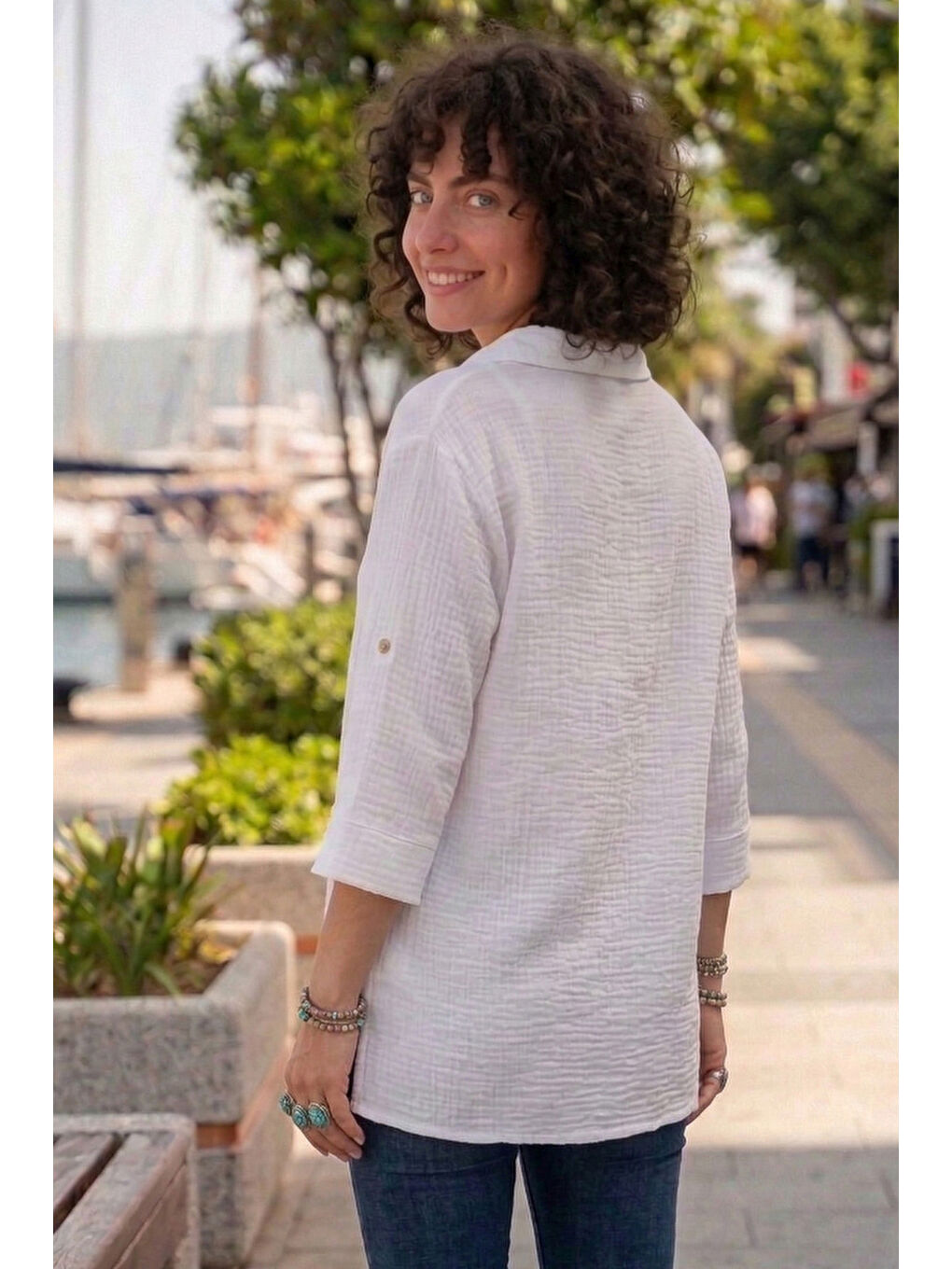 Beyaz Gömlek Yaka Düğmeli 3/4 Kol Yanları Düğmeli Casual Müslin Dokuma Bluz 67 67-4