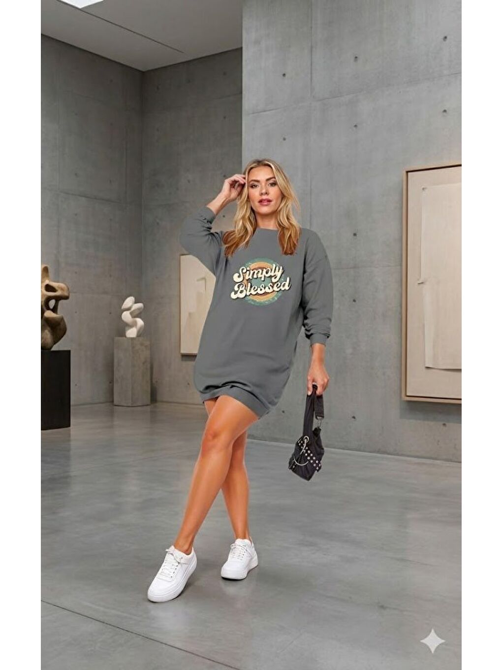 Gri Kadın Uzun Kollu Bisiklet Yaka Yazılı Viskon Iki Iplik Elbise