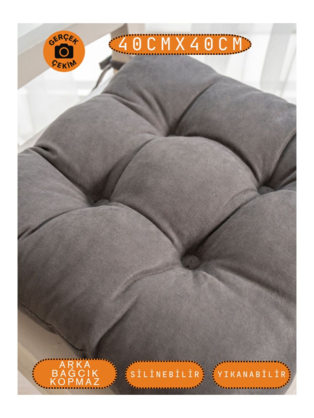 Pastello Sandalye Minderi –Gri – Kadife Dokulu, Bağcıklı, Yıkanabilir – 40x40-1