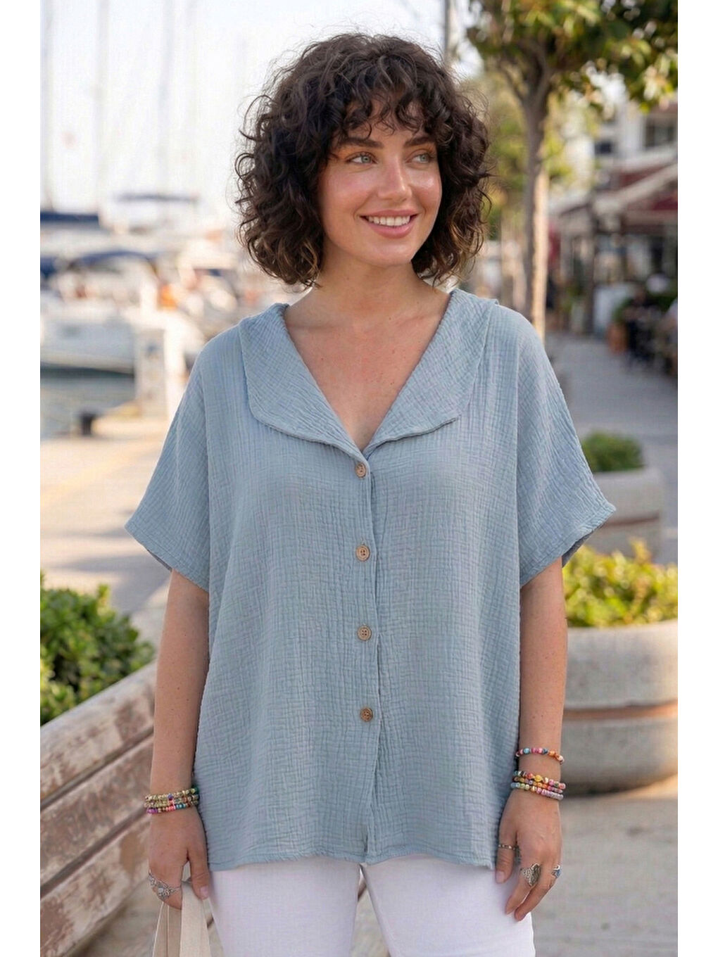 Açık Mavi Bebe Yaka Düşük Kol Düğmeli Casual Müslin Oversize Dokuma Bluz 70 65