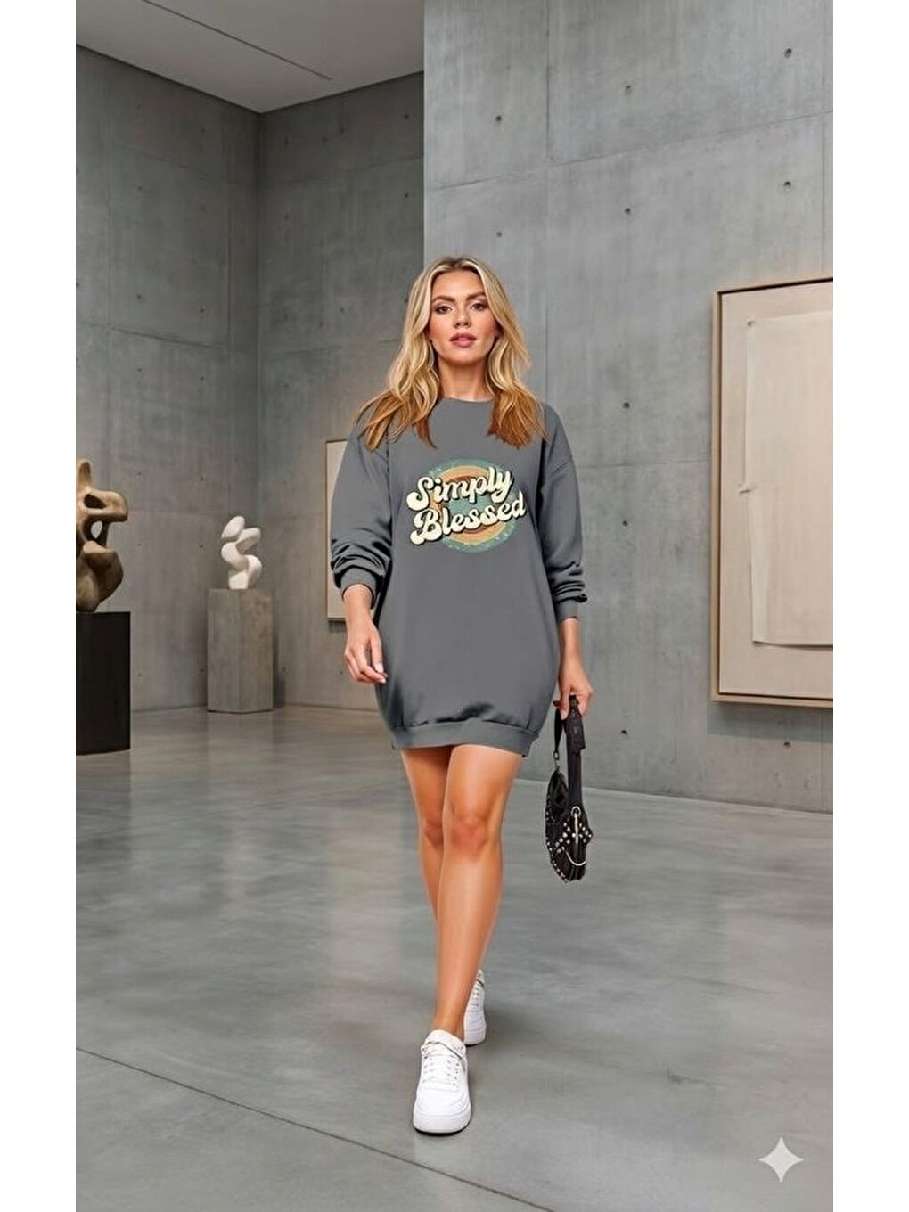 Gri Kadın Uzun Kollu Bisiklet Yaka Yazılı Viskon Iki Iplik Elbise-1