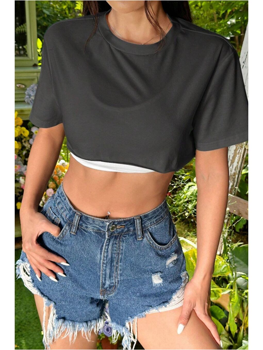 Kadın Antrasit Bisiklet Yaka Oversize Crop T-Shirt-3